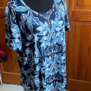 JM Collection Navy and Light Blue Floral Top